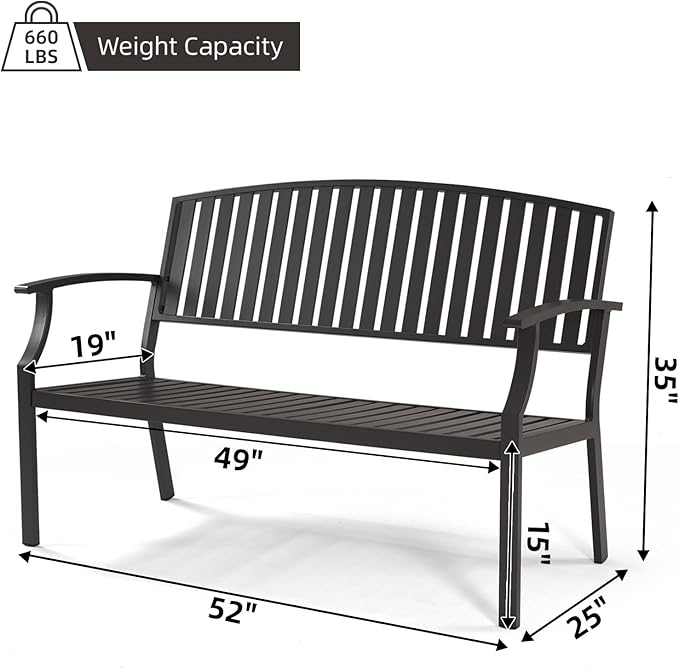 52" Outdoor Bench Weatherproof, Rust-Resistant Aluminum Metal Patio Garden Bench - Image 2