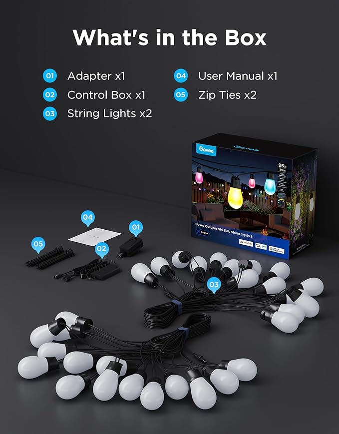 Govee S14 Bulb Outdoor String Lights 2, 96ft Smart RGBIC Warm White Patio Lights - Image 8