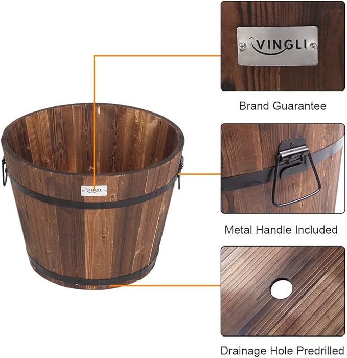 VINGLI 3 PCS Large Wooden Planter Barrel Set, 11.5"- 18" Real Wood - Image 4