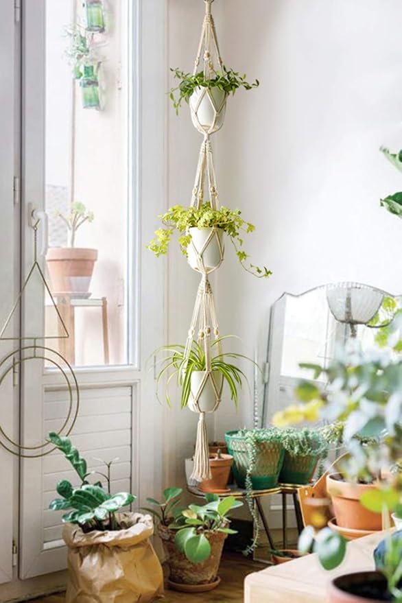 Mkono Macrame Plant Hanger 3 Tier Indoor Outdoor Hanging Planter Basket Cotton - Image 2