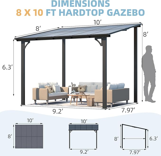 AECOJOY 10' x 8' Gazebo for Patio, Small Wall-Mounted Lean to Gazebo Pergola - Image 7