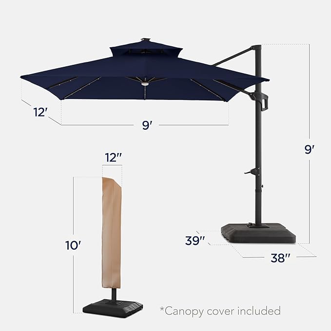 Best Choice Products 9x12ft LED Cantilever Patio Umbrella w/Base Included & - Image 2