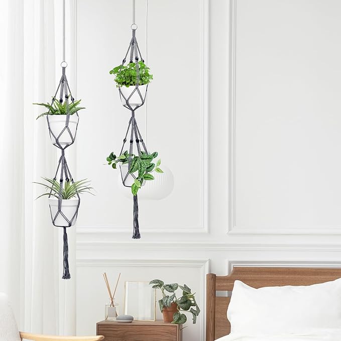 Belit 2 Pack Double Macrame Plant Hangers 2 Tier Hanging Planter Basket - Image 2