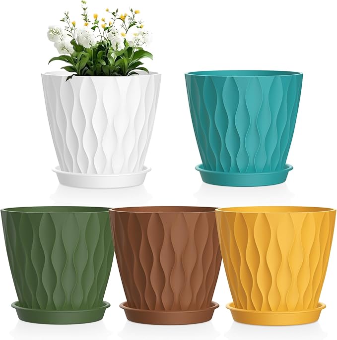 4 inch Small Plastic Nursery Pots, Seedling Pots, 5 Set Water Ripples Plant Pots by Meowell