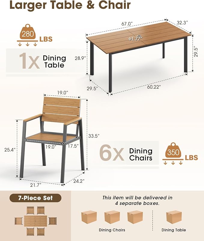 Outdoor Dining Set for 6, Aluminum Patio 7 Piece HDPS Luxury Outdoor Table and - Image 6