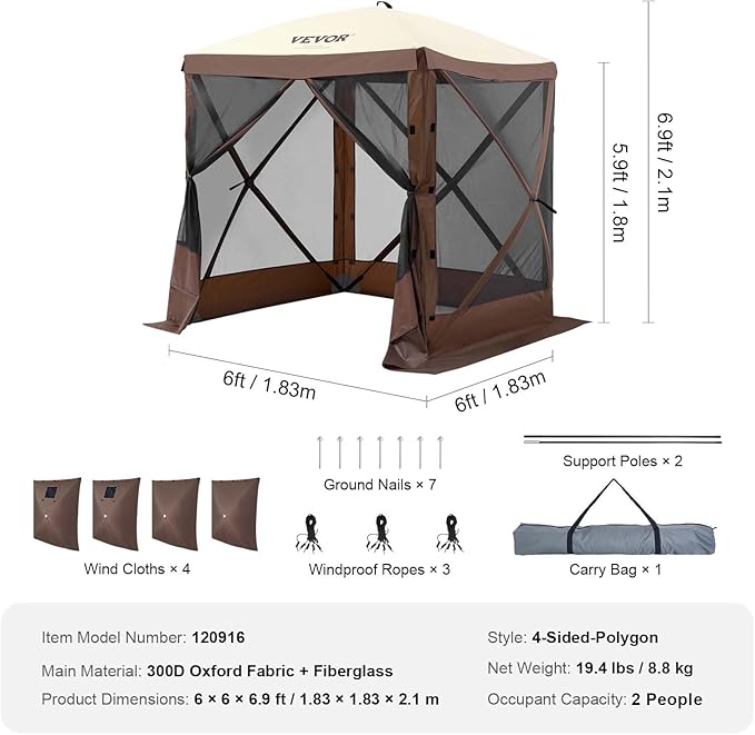 VEVOR Pop Up Gazebo Tent, Pop-Up Screen Tent 4 Sided Canopy Sun Shelter - Image 8