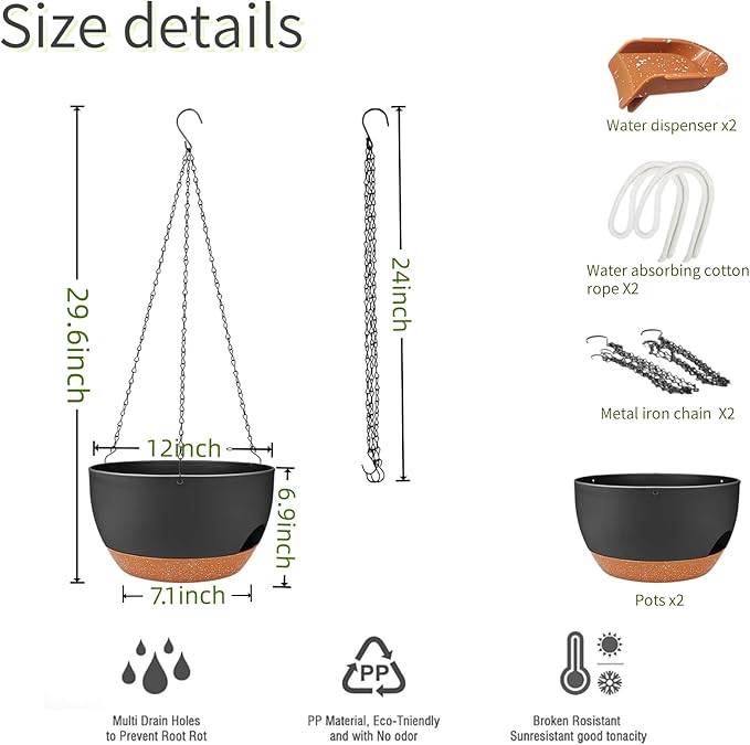 12 inch Hanging Planters for Indoor Outdoor Plants, 2 Pack Self Watering - Image 3