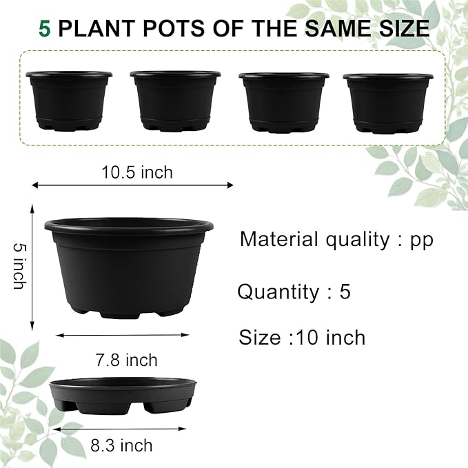 5 Pack 10.5 inch Plant Pots, Planter-Pots-for-Plants，Plastic Flower Pot - Image 2