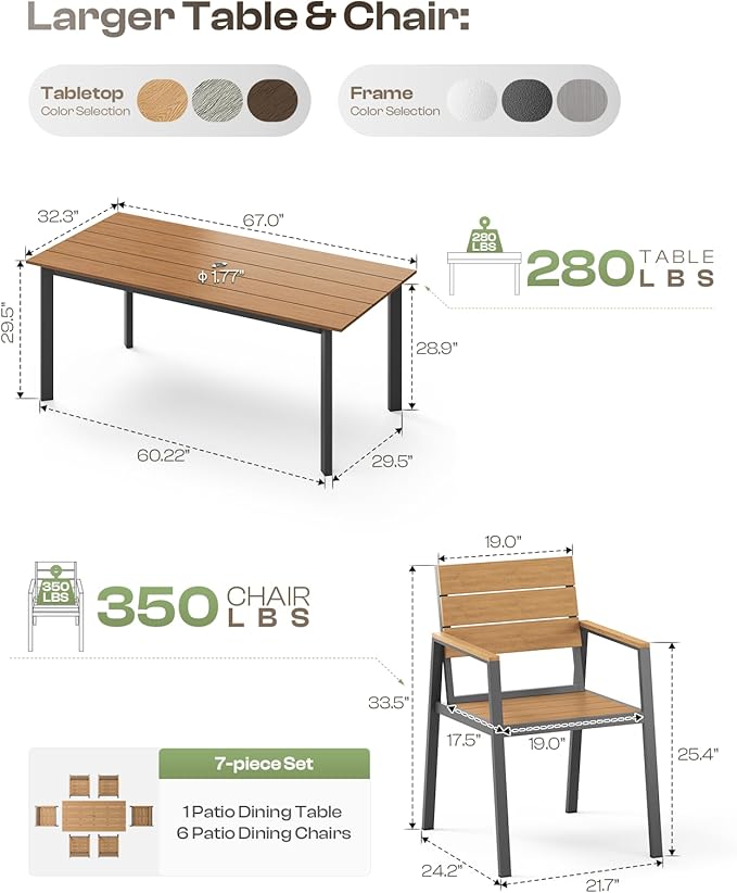 Aluminum Outdoor Dining Set for 6, Patio Table and Chairs Set - Image 7