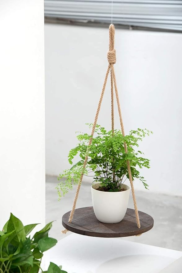 Dahey Hanging Plant Shelf Round Wood Rope Hanging Floating Shelf Vintage Home - Image 6