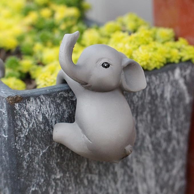 Set of 2 Cute Climbing Elephant Statues Flower Pot Hugger, Resin Hanging - Image 5