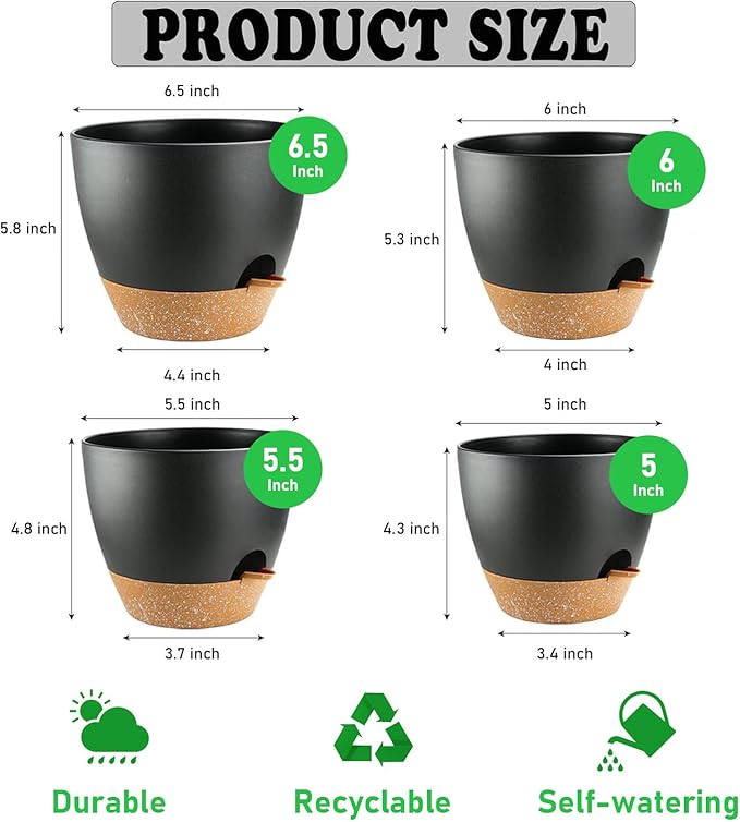 4-Pack Plant Pots with Drainage 6.5/6/5.5/5 Inch, Self Watering Pots - Image 2