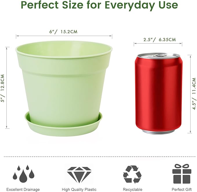 10 Pack 6 Inch Plant Pots with Drainage and Saucers, Plastic Flower Pots - Image 5