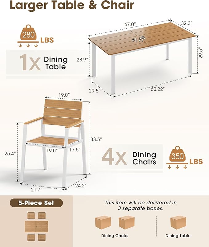 Outdoor Patio Dining Set, Aluminum & HDPS 5 Piece Outdoor Table and Chairs Set - Image 6