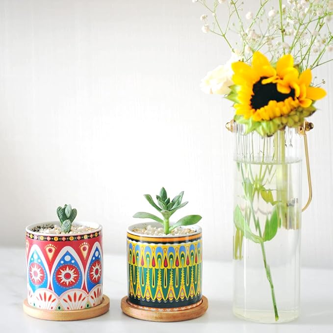 Mandala Succulent Pot with Drainage Hole & Bamboo Coaster, Small Plant Pots - Image 5
