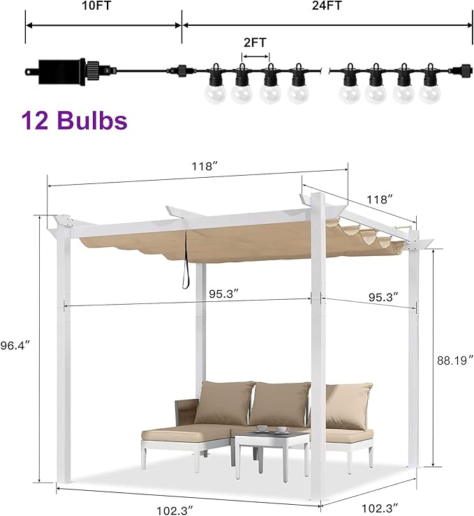 PURPLE LEAF 10' x 10' Outdoor Aluminum Pergola White Heavy-Duty Retractable - Image 5