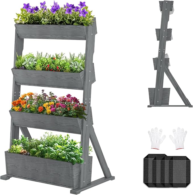 SUNYRISY 4 Tiers Vertical Raised Garden Bed Outdoor Planter Tower, Wooden by SUNYRISY