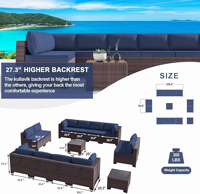 Kullavik 14 Pieces Outdoor Patio Furniture Set PE Wicker Rattan Sectional Sofa - Image 3