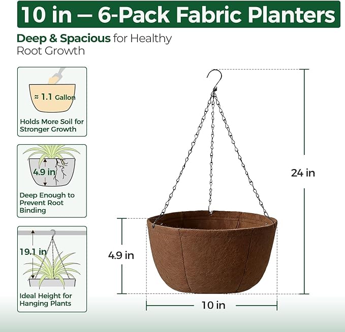 T4U Hanging Planters for Outdoor Plants, 10 Inch 6 Pack Fabric Hanging Baskets - Image 2