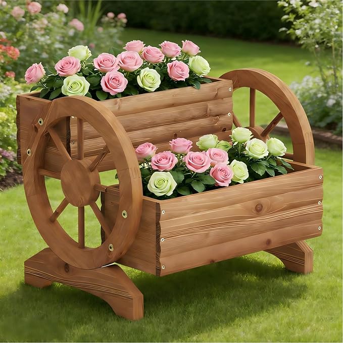 Wooden Wagon Planter Outdoor Flower Cart - Image 2