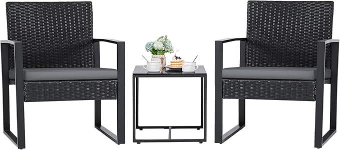 Flamaker 3 Pieces Patio Set Outdoor Wicker Furniture Modern Bistro Rattan Chair by Flamaker