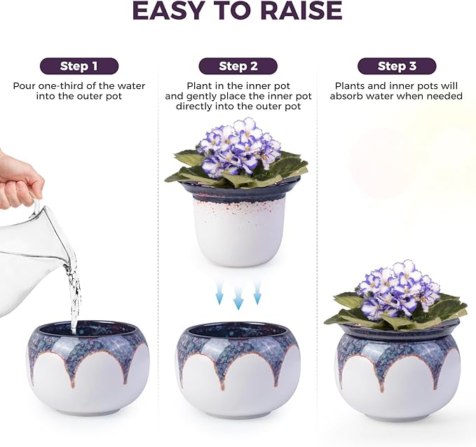 African Violet Pots, 6 inch Ceramic Easy Self Watering Plant Pot - Image 5