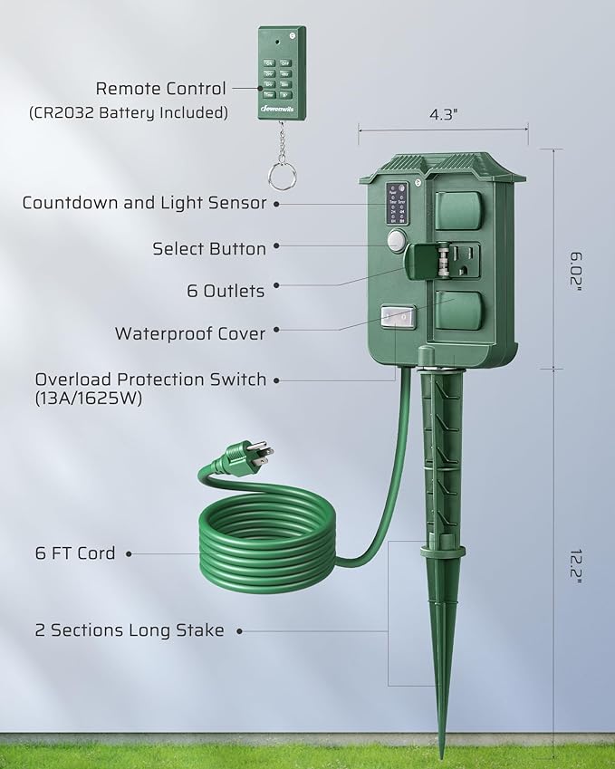DEWENWILS Outdoor Power Stake Timer Waterproof, 6 Grounded Outlets, 6FT - Image 7