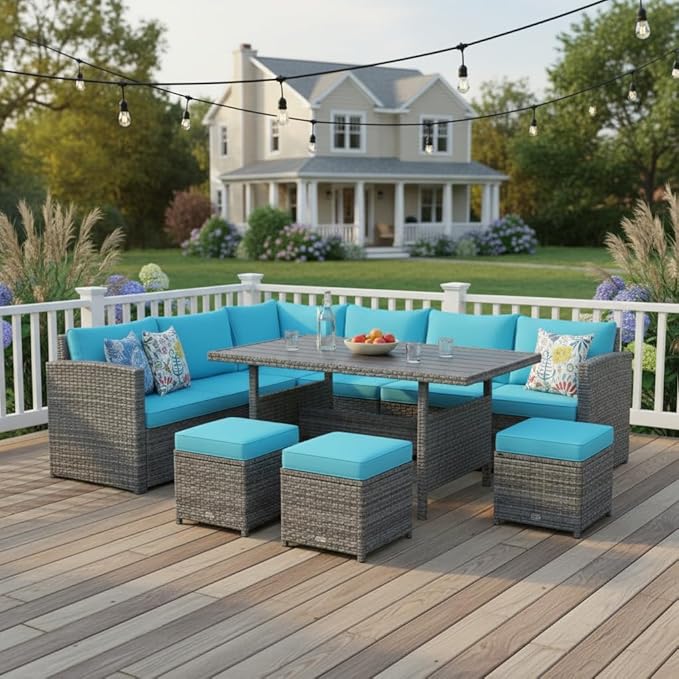Tangkula 7 Pieces Patio Furniture Set, Outdoor Sectional Rattan Dining Sofa Set by TANGKULA