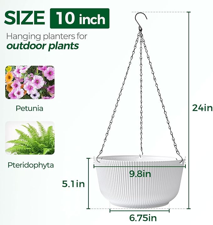 T4U 10 Inch Hanging Planters for Indoor Plants, 2 Pack White Self Watering - Image 2