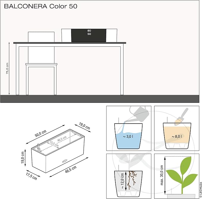 Lechuza BALCONERA Color 50 Nutmeg, Self-Watering Window Box, H7.5 L19.7 W7.5 in - Image 4