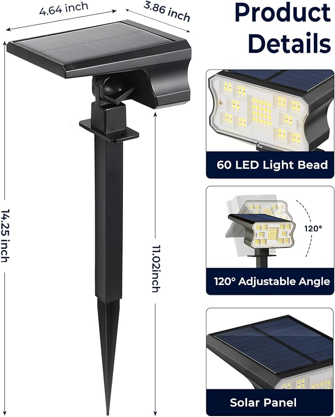 HGGH Solar Lights Outdoor Waterproof IP67, 60 LED 3 Lighting Modes Solar Spot - Image 2