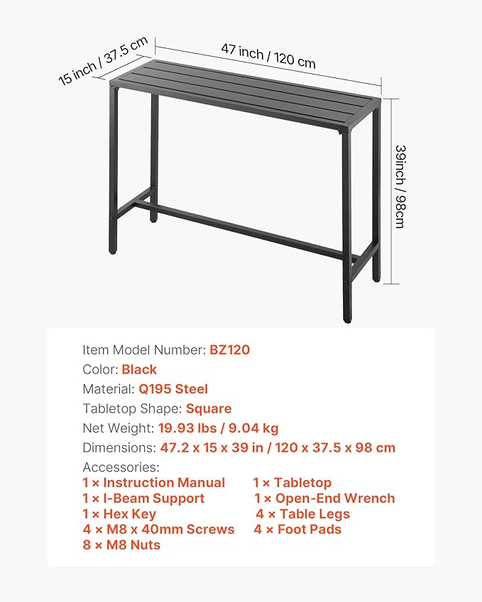 VEVOR Outdoor Bar Table, 47 x 15 in Patio Bar Table, Waterproof Top & Sturdy - Image 8