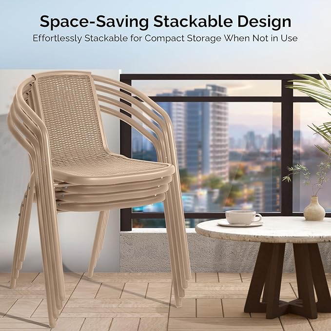 VINGLI PE Rattan Outdoor Dining Chairs Set of 2, Plastic Stackable Patio Chairs - Image 4