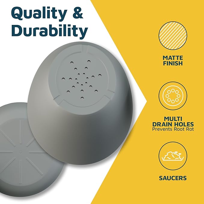Gray Plant Pots with Drainage Holes & Saucers 15 Pack, Indoor & Outdoor - Image 7