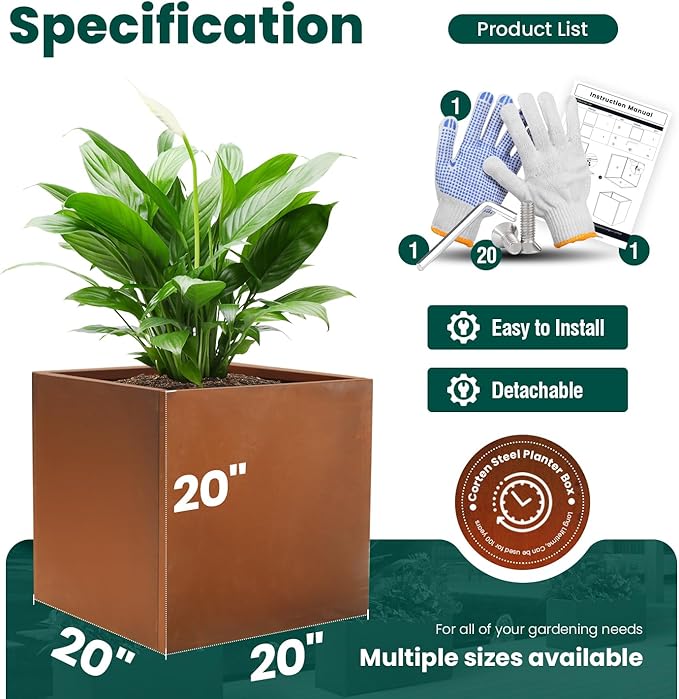 Corten Steel Planter Box Outdoor Planter Metal Square 20 Inch Large Steel - Image 2