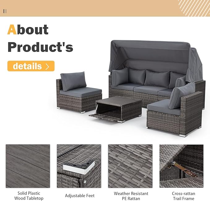 HOMREST 6 Pieces Patio Furniture Sets, Outdoor Daybed - Image 4