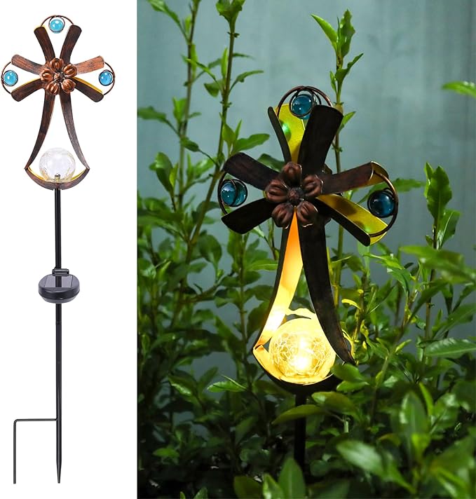 VCUTEKA Solar Garden Lights Cemetery Metal Flower Decor Colorful Solar Pathway - Image 2