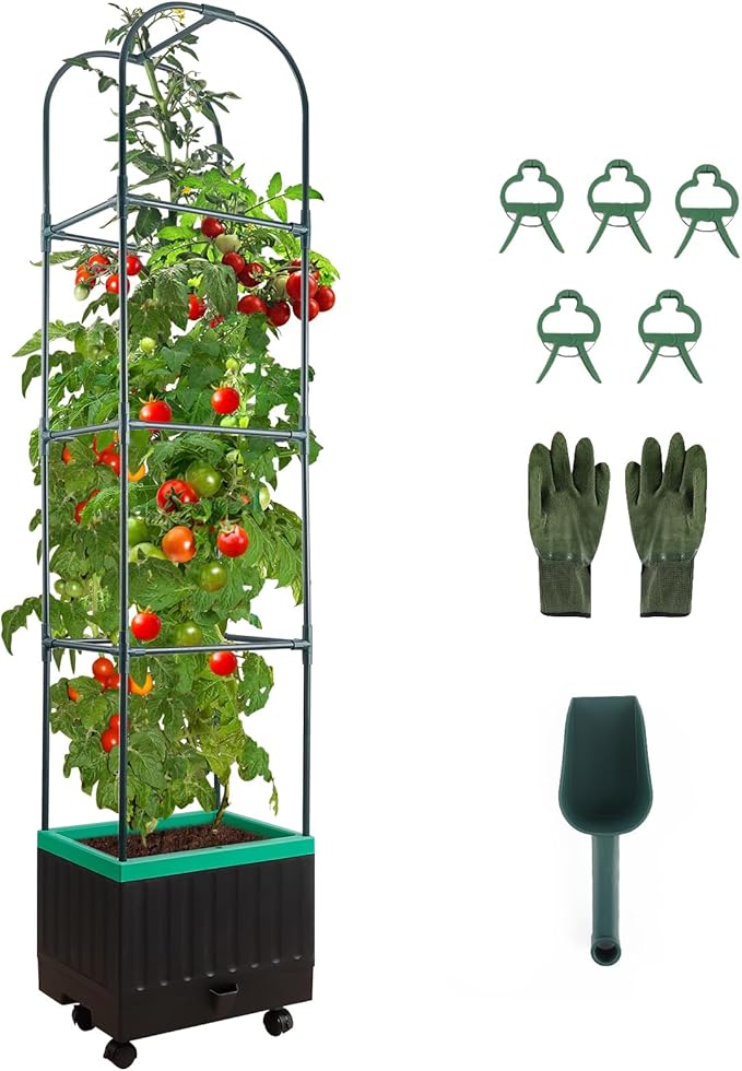 Raised Garden Bed with Self Watering Garden Pots, Planter Box with Trellis by YHTPOUQE