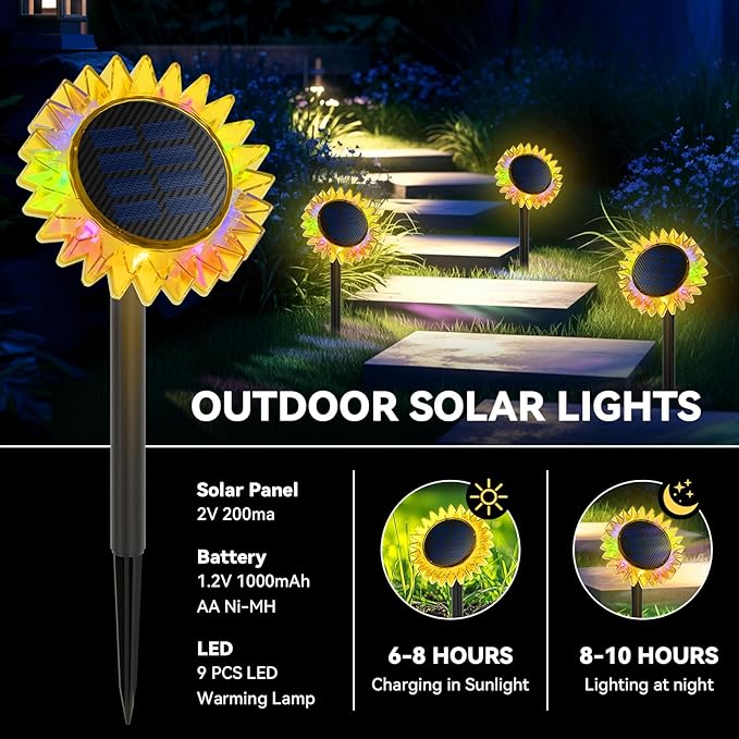 Outdoor Solar Lights, 6 Pack Led Solar Sunflower Lights, Stake/Wall 2-in-1 - Image 4