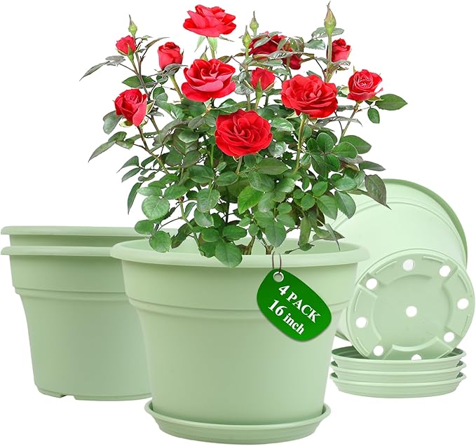 16 inch Plastic-Flower-Pot-for-Indoor-Plants, 4 Pack Large Outdoor Planter Pot by Pottiffe