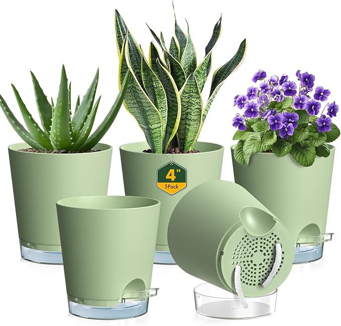 4 inch Self Watering Pots for Indoor Plants, 5 Pack Small Flower Plant Pots by Meowell