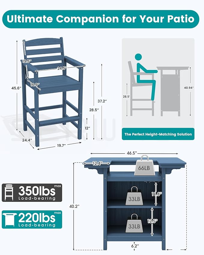 SERWALL Outdoor Bar Table Set – HDPE Blue Patio Bar Cabinet - Image 3