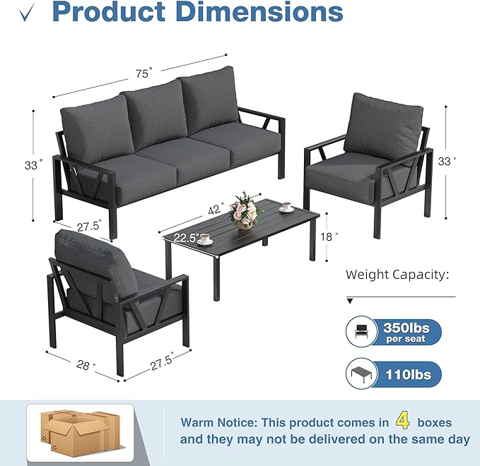 Outdoor Patio Furniture Set, 4 Pieces Metal Patio Furniture Set - Image 2