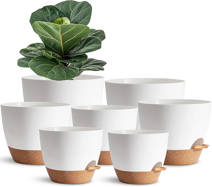 White Self Watering Pots with Drainage Planting Pot by SESUN-E