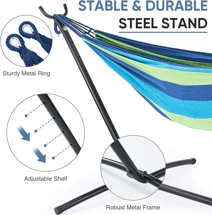 DUMOS Double Hammock with Space Saving Stand, Heavy Duty Steel Frame, Portable - Image 2