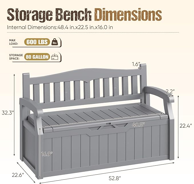 80-Gallon Outdoor Storage Bench, Waterproof Deck Box - Image 3