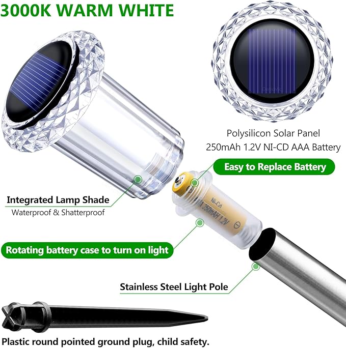 DenicMic Solar Lights Outdoor 10 Pack Waterproof 3000K Warm White LED Stainless - Image 2