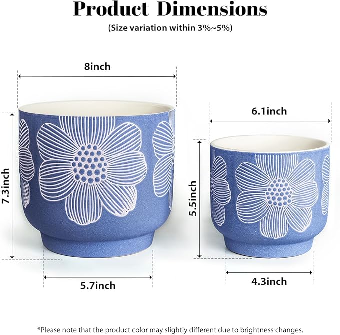 YBX 8 Inch + 6 Inch White Flower Pattern Plant Pots, Sand Glazed Ceramic Planter - Image 5