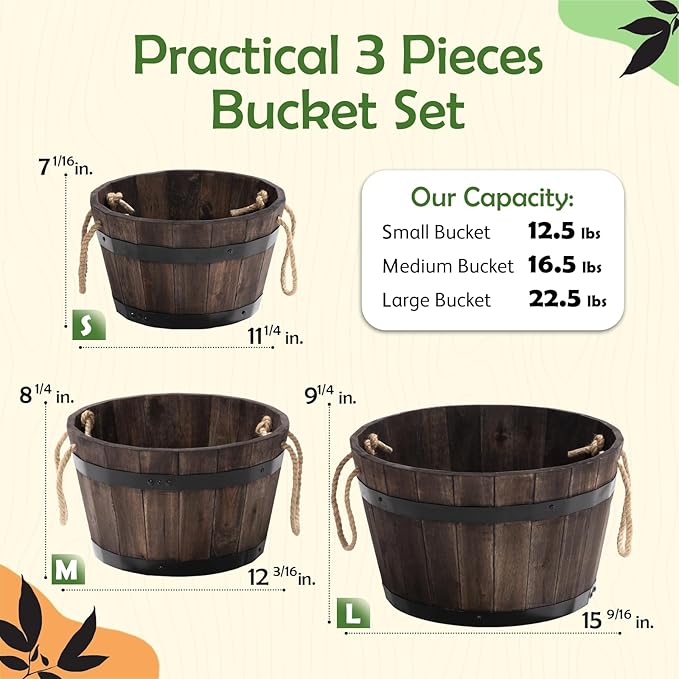 Set of 3 Wooden Flower Boxes Outdoor, Durable Acacia Wood Barrel Planters - Image 2