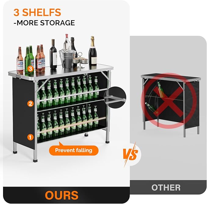 VINGLI 43" Portable Bar Table, 3-Tier Shelves, Mobile Bar Table - Image 4